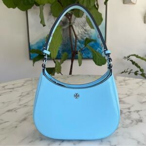 Tory Burch Emerson Patent Leather Ergo Shoulder Bag in Light Celeste Blue Silver